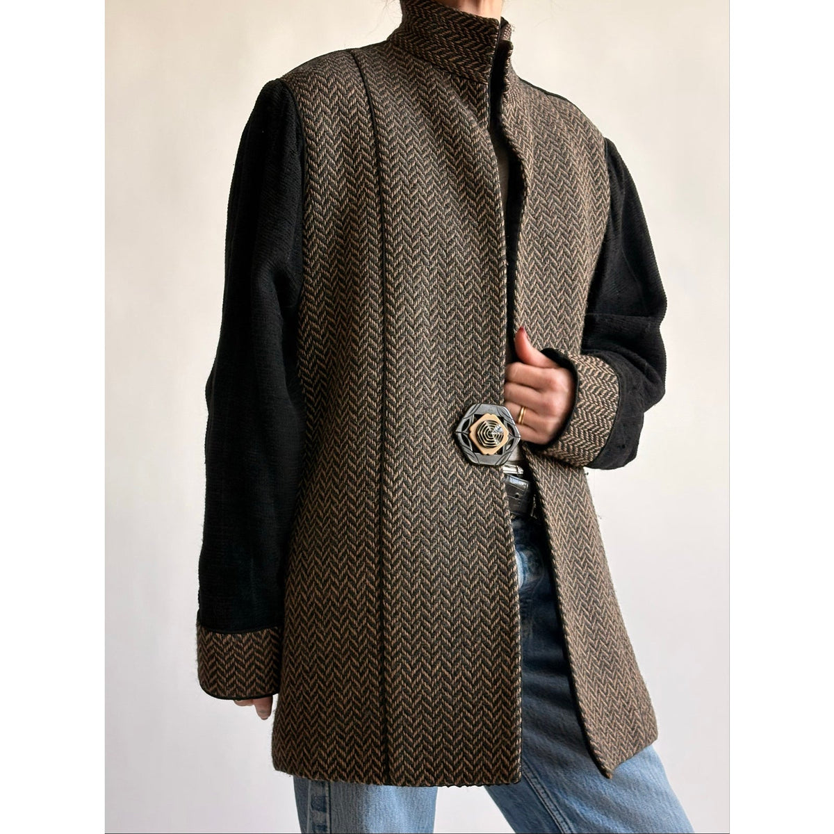 Barbara Perry Black & Brown Geometric Woven "Art-to-Wear" Blazer