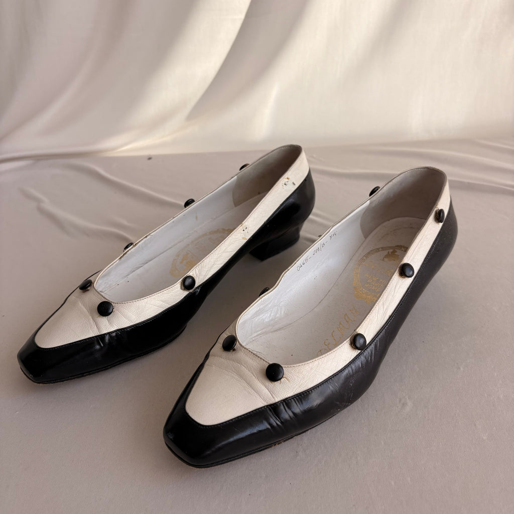 Vintage Delman Black & White Leather Low Block Heels - Button Detail, 1" Heel