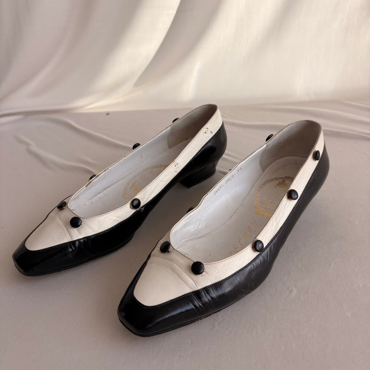 Vintage Delman Black & White Leather Low Block Heels - Button Detail, 1" Heel