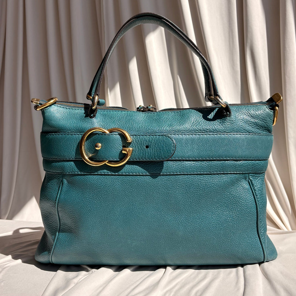 Gucci Medium Ride Top Handle Bag - Teal Pebbled Calfskin Leather, Gold Buckle