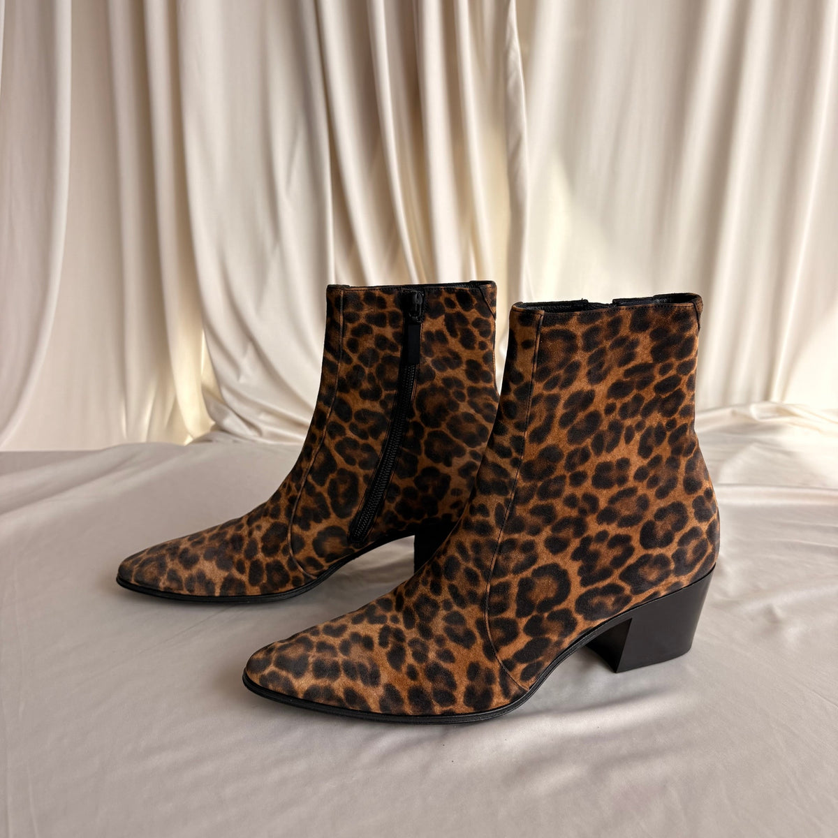 Saint Laurent Vassili 60 Leopard Suede Ankle Boots - Pointed Toe, EU 37 / US 7