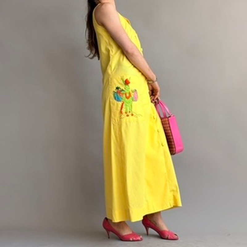 Jamaica Dowry Vintage 70s Yellow Maxi Dress - Hand Embroidered Donkey - Small