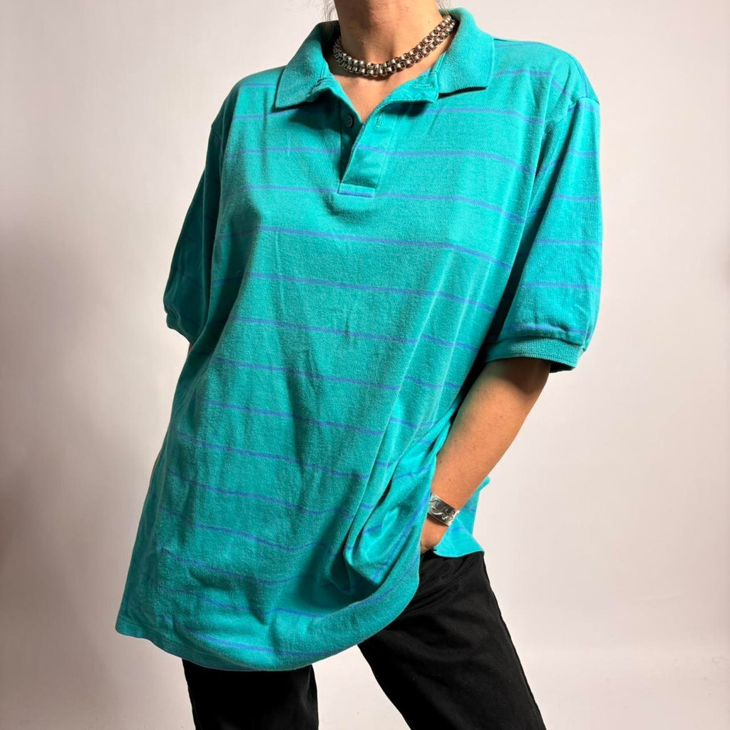 Vintage L.L.Bean Men's Polo - Teal/Blue Stripe, Size Large