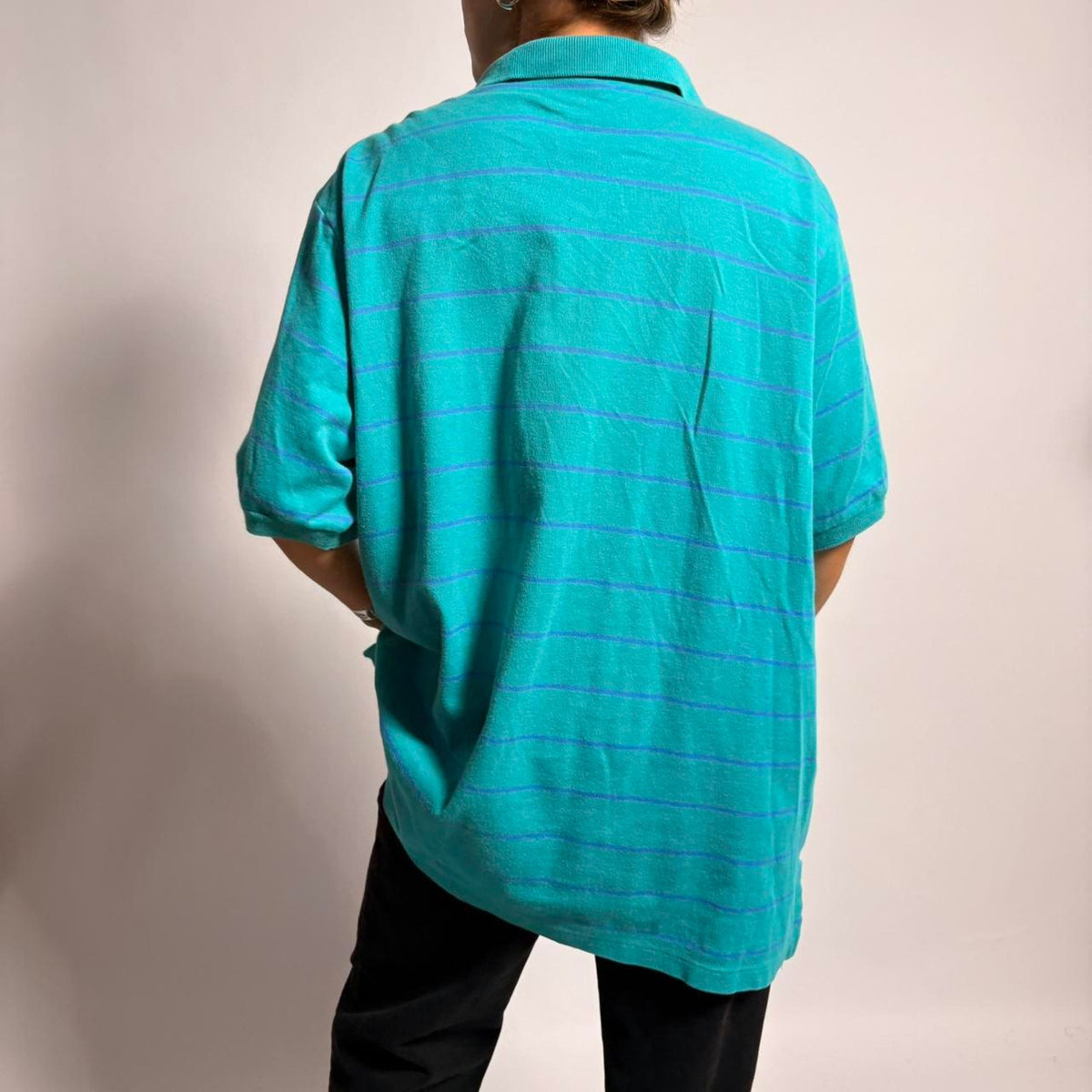Vintage L.L.Bean Men's Polo - Teal/Blue Stripe, Size Large