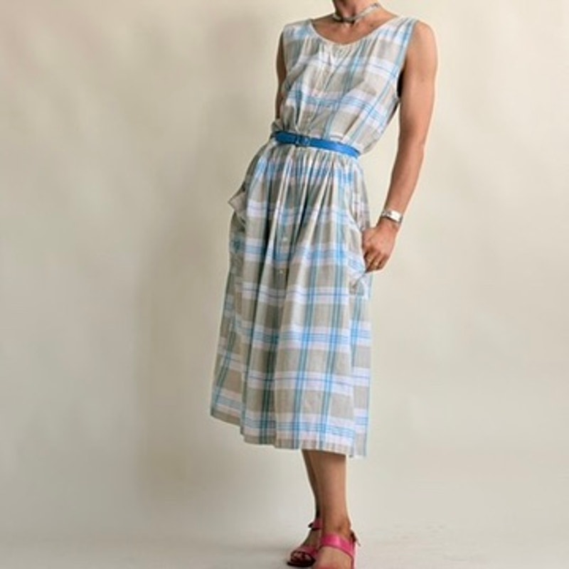 Erika Plaid Drop-Waist Dress - Light Blue, Sage & White, Pockets, 100% Cotton, Size M