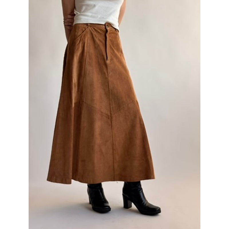 Vintage Bergdorf Goodman Light Brown Suede A-Line Maxi Skirt