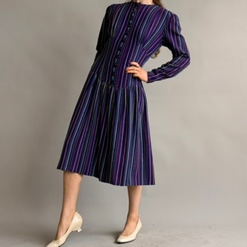 Vintage 1940s Purple Striped Wool Button-Front Day Dress