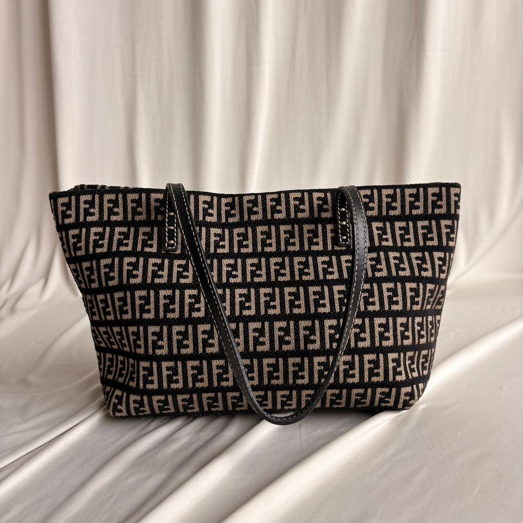 Vintage Fendi Zucchino Roll Tote - Black & Tan Textured Canvas