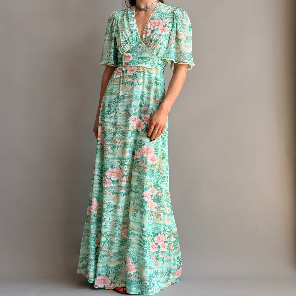 House of Nu-Mode Vintage 70s Mint Green Hawaiian Maxi Dress