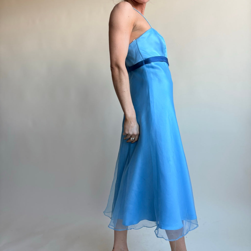 Alfred Angelo Baby Blue Y2K Midi Dress - Square Neck, Ribbon Waist, Size 6