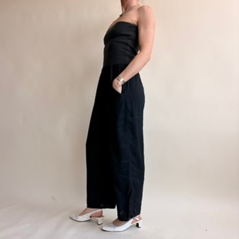Chaus Black Ribbed Tube Top Jumpsuit - Wide Leg, Pockets, 90s Vintage, Size Small