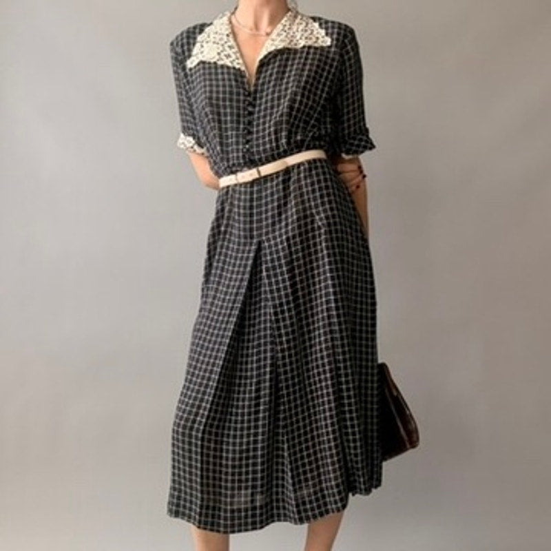 Vintage 50s Black Checkered Rayon Day Dress - Crochet Lace Collar & Cuffs