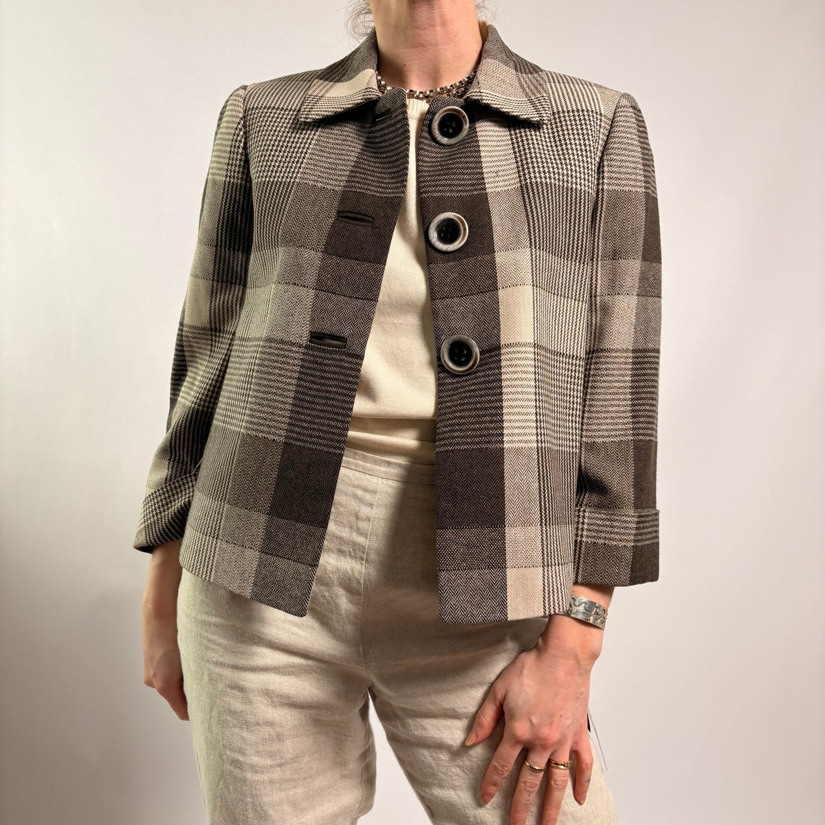 Tahari Brown & Beige Plaid Cropped Jacket - NWT, Size 4