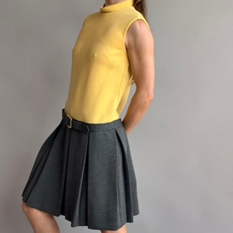 Vintage 60s Union-Made Mustard & Grey Drop Waist Wool Dress