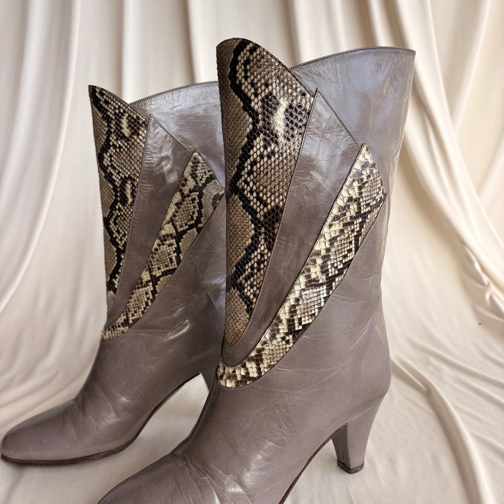 Bruno Magli Color-Block Mid-Calf Boots -  Grey & Snakeskin, EU 36