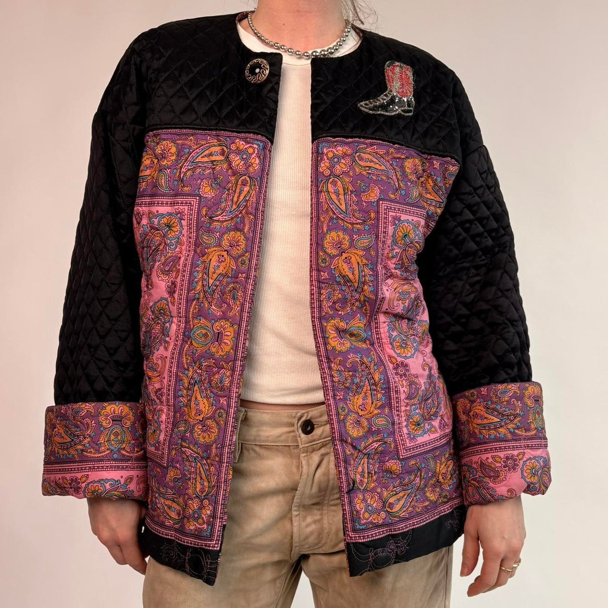 Quilted Paisley Jacket with Cowboy Boot Patch - Black & Pink