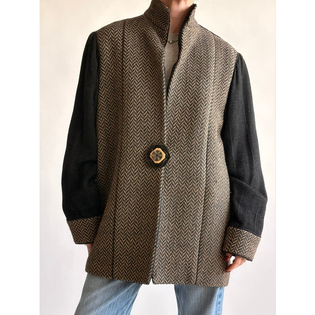 Barbara Perry Black & Brown Geometric Woven "Art-to-Wear" Blazer