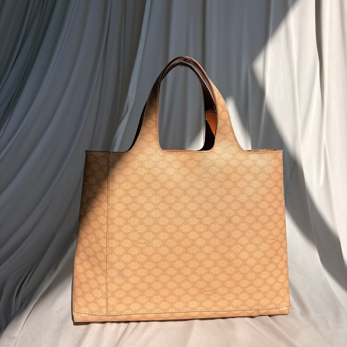 Vintage 90s Celine Triomphe Canvas Tote Bag - Tan Leather Trim
