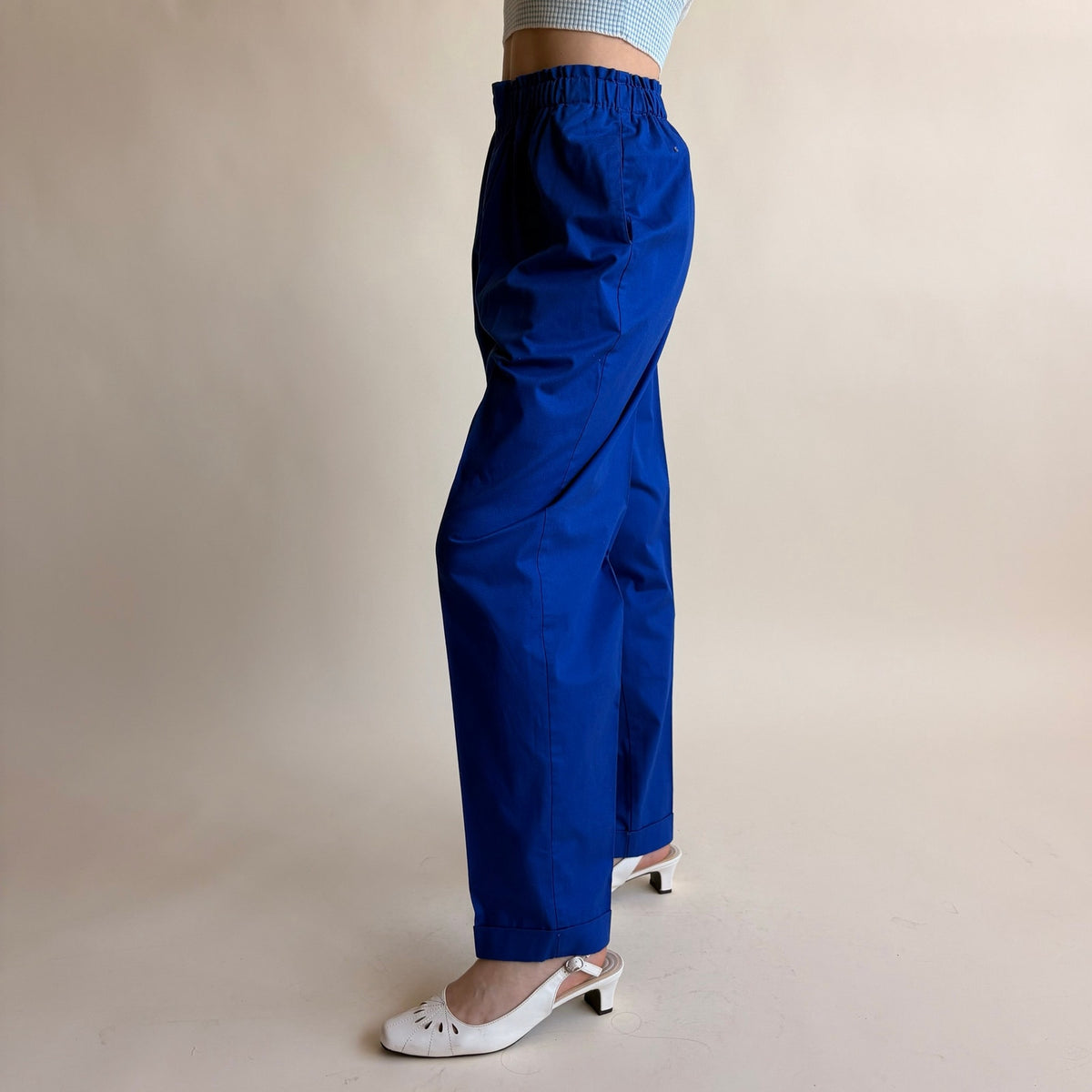 Carol Reed Brilliant Blue High-Waisted Trousers - Cotton, Elastic Waist, Size 4
