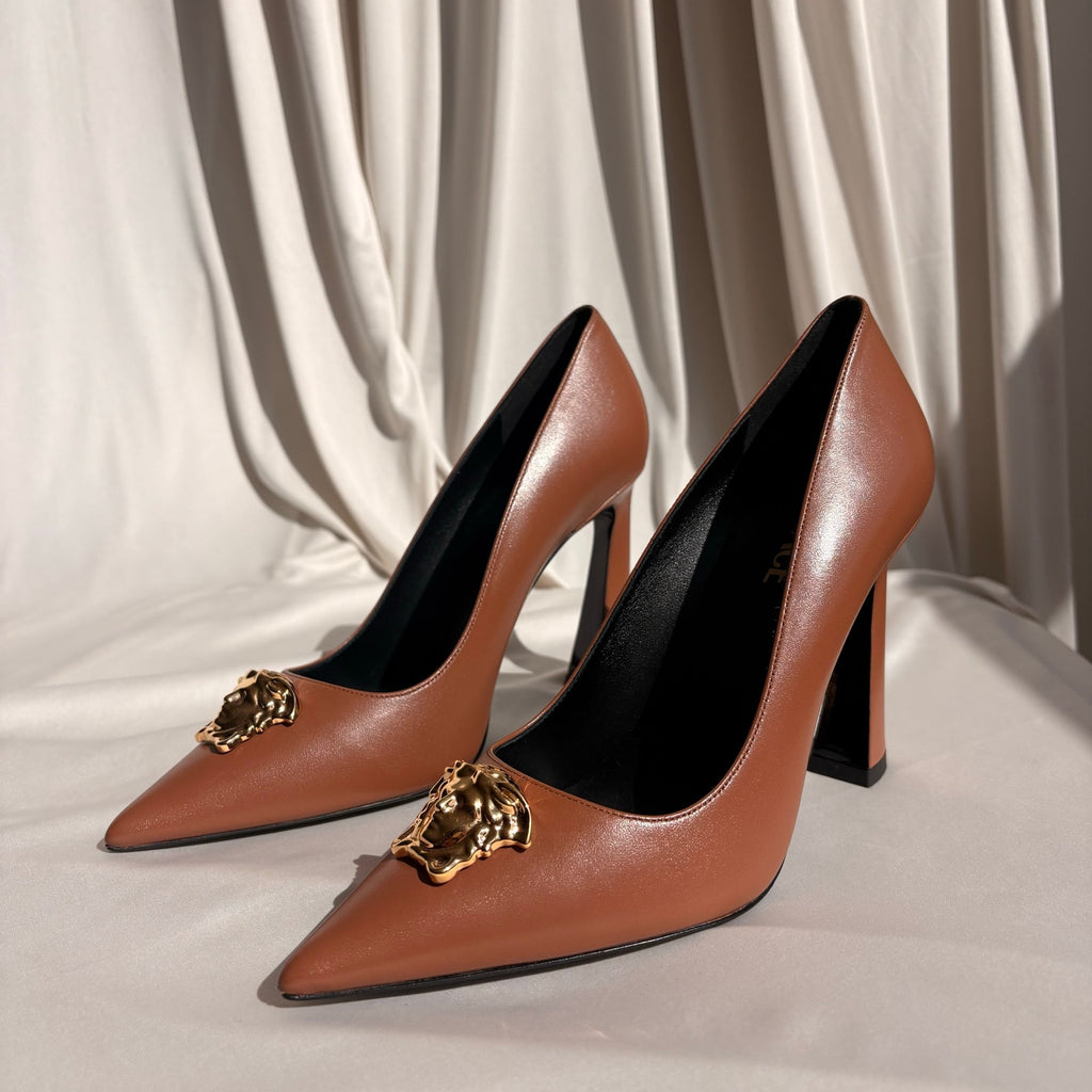 Versace Brown Leather Medusa Logo Pumps - Gold Hardware, EU 38 / US 7.5