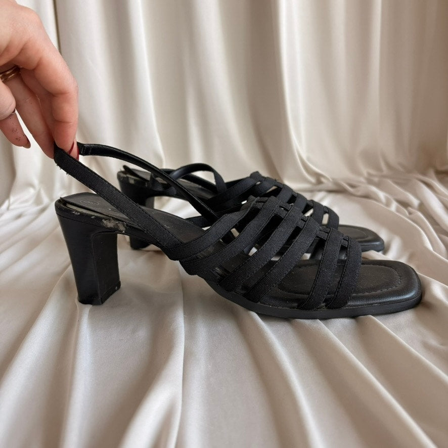 Fioni Black Strappy Sandals - Block Heel, Slingback, Size 9
