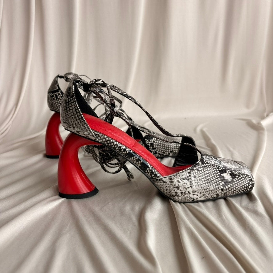 Azalea Wang Buiky Snake Print Curved Heel Pumps - Red Heel, Size 8.5