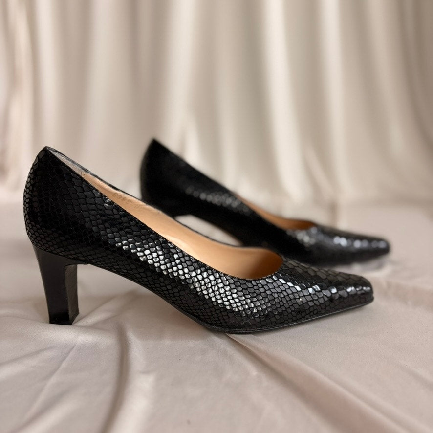 VALLEVERDE Snakeskin Pumps - Black, Block Heel, Made in Italy, EU 38.5 / US 7.5
