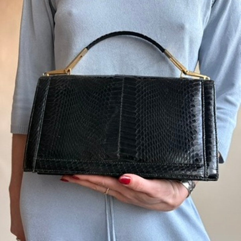 1940s/50s Black Snakeskin Bag - Gold Hardware, Suede Interior, 3 Sections