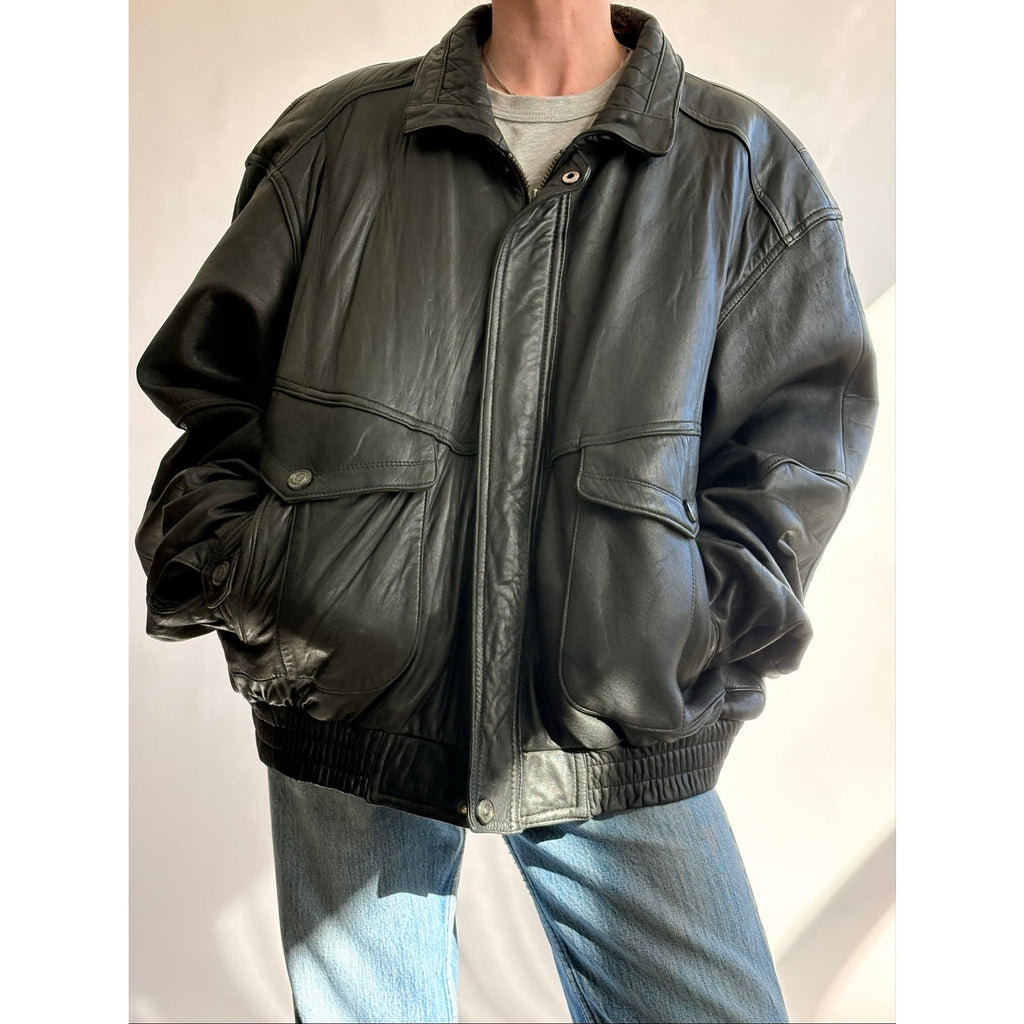 Vintage 1980s Members Only Black Leather Bomber Jacket