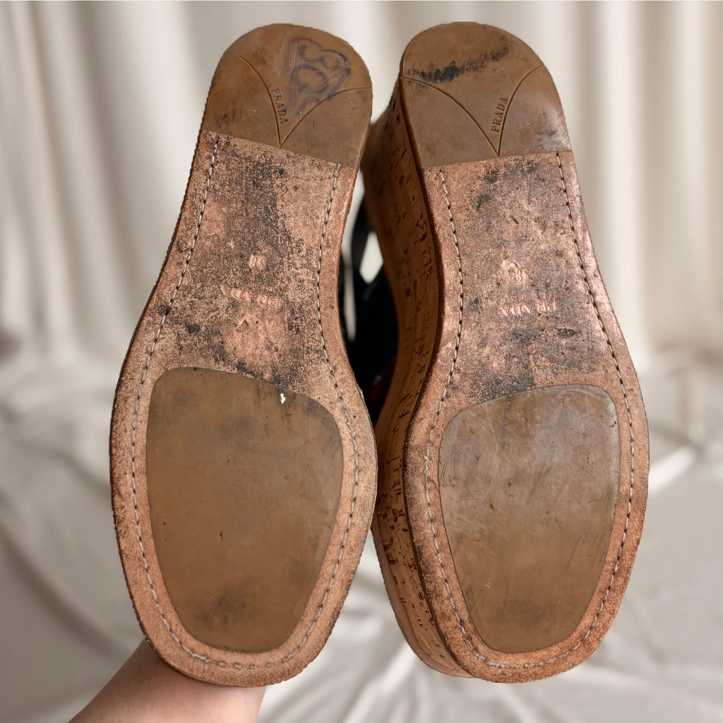 Prada Crisscross Blue Leather Wedge Sandals - EU 38 / US 7