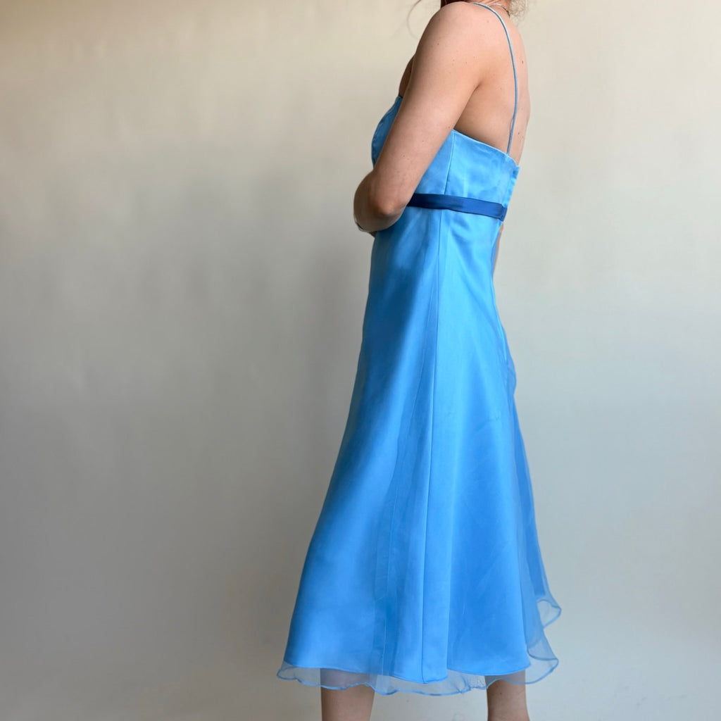 Alfred Angelo Baby Blue Y2K Midi Dress - Square Neck, Ribbon Waist, Size 6