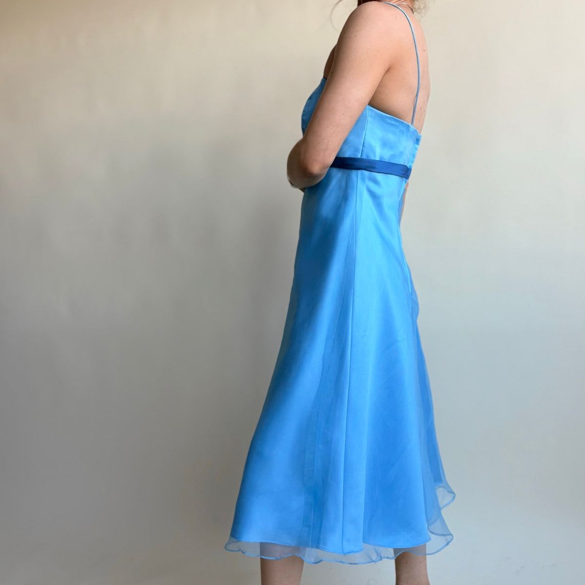 Alfred Angelo Baby Blue Y2K Midi Dress - Square Neck, Ribbon Waist, Size 6
