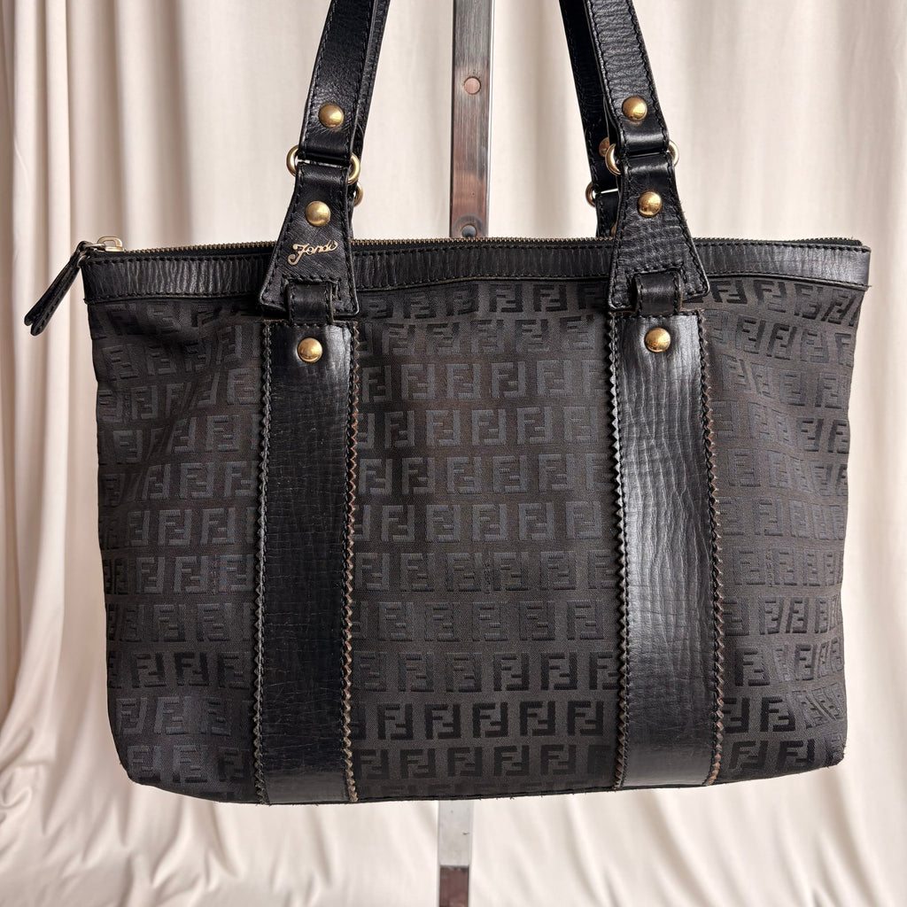 Vintage Fendi Zucchino Black Canvas & Leather Tote - Early 2000s