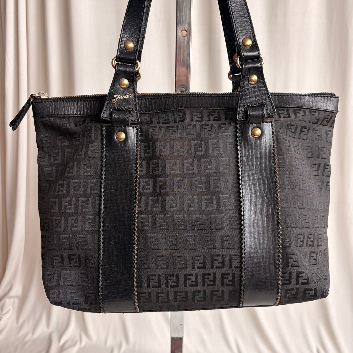 Vintage Fendi Zucchino Black Canvas & Leather Tote - Early 2000s