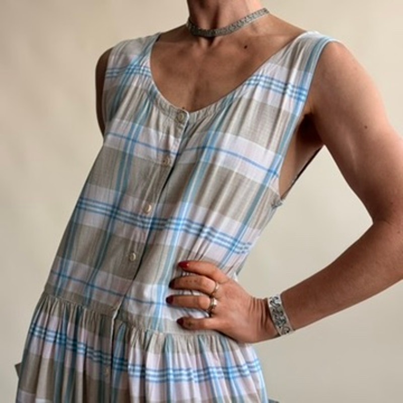 Erika Plaid Drop-Waist Dress - Light Blue, Sage & White, Pockets, 100% Cotton, Size M