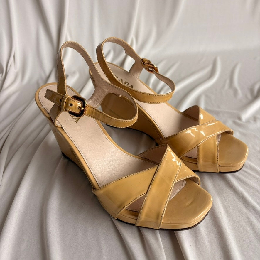 Vintage Prada Butter Yellow Patent Leather Wedge Sandals - Y2K, EU 39.5/US 9.5