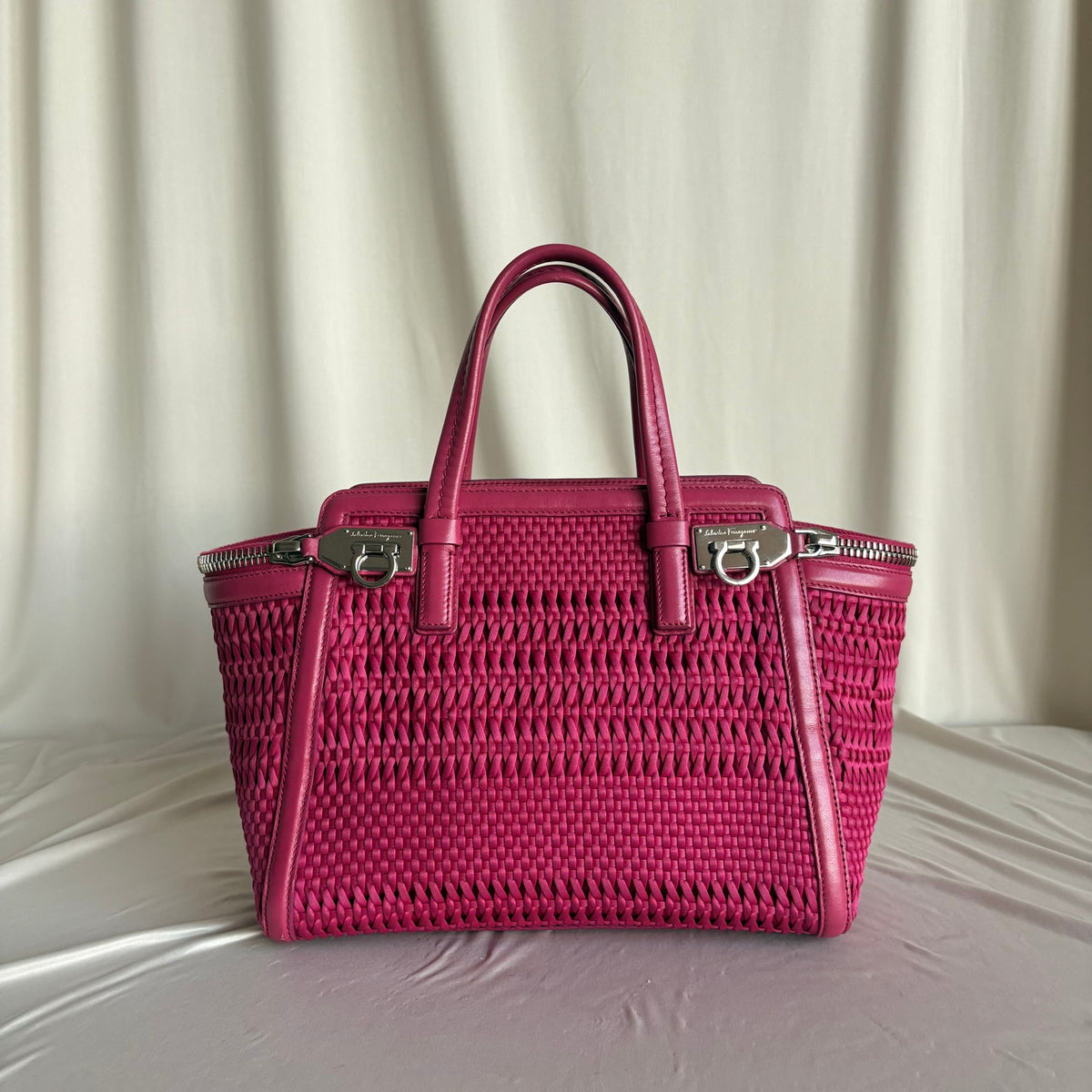 Salvatore Ferragamo Verve Pink Woven Satin Tote
