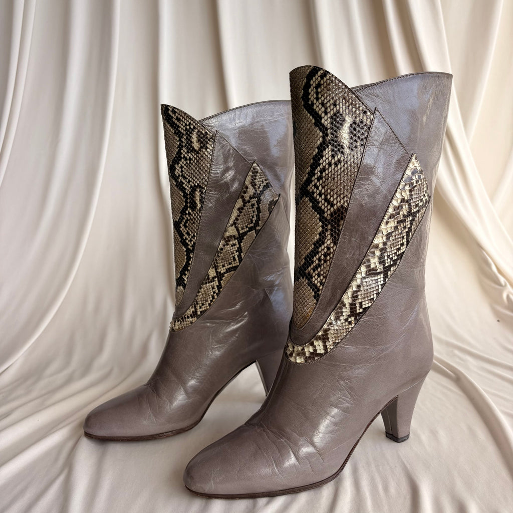 Bruno Magli Color-Block Mid-Calf Boots -  Grey & Snakeskin, EU 36