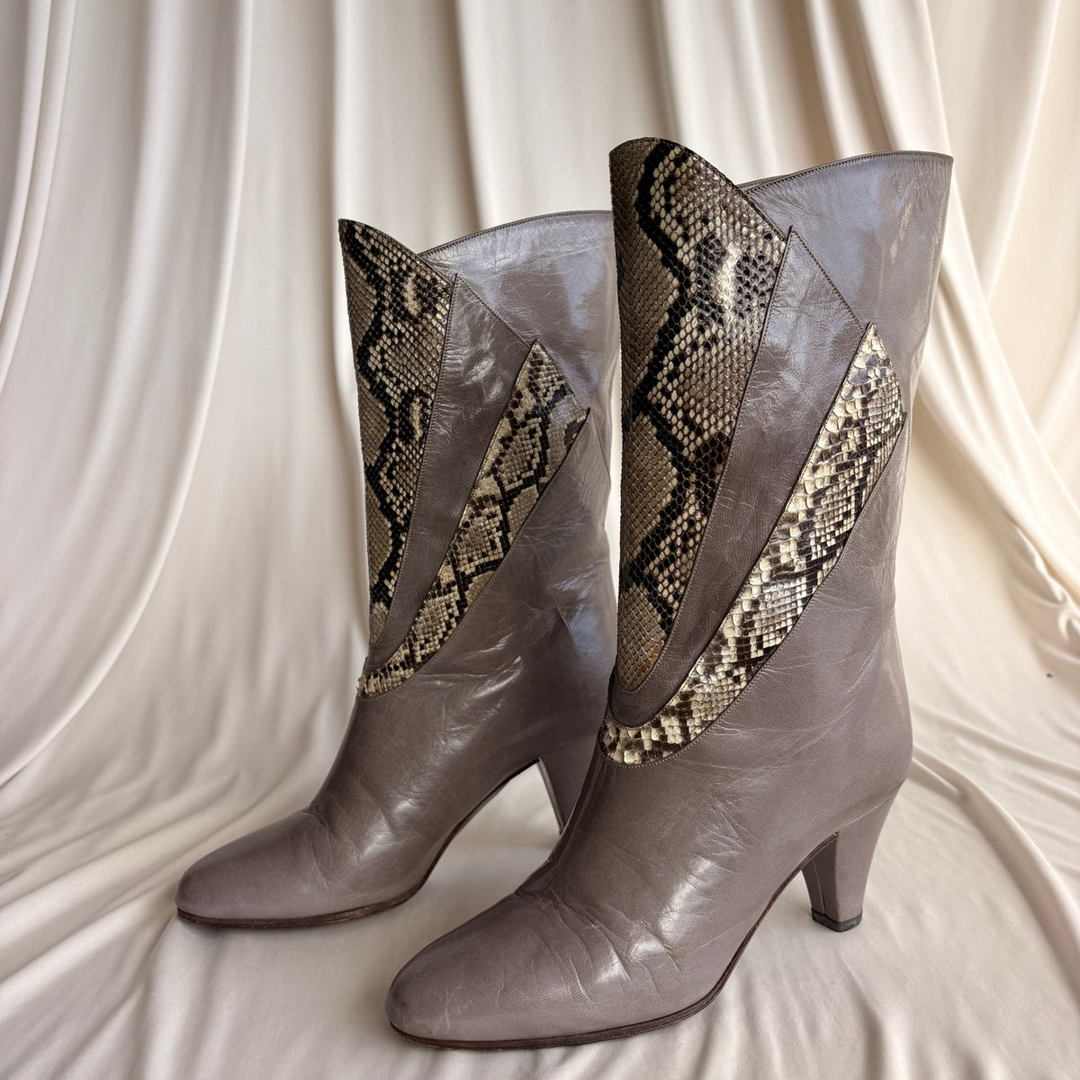 Bruno Magli Color-Block Mid-Calf Boots -  Grey & Snakeskin, EU 36