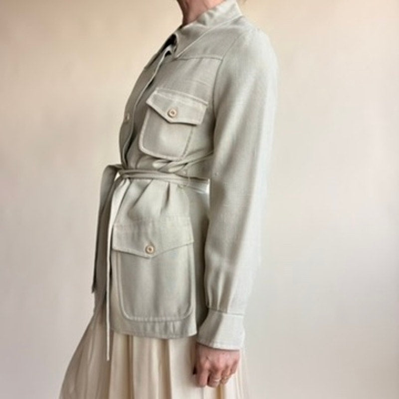 Larry Levine New York Tan Belted Field Jacket - Lightweight Cropped Trench, Pockets, Size Small