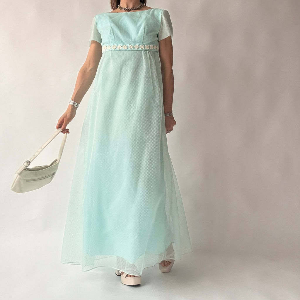 Vintage Lorrie Deb SF Mint Swiss Dot Empire Waist Maxi Dress
