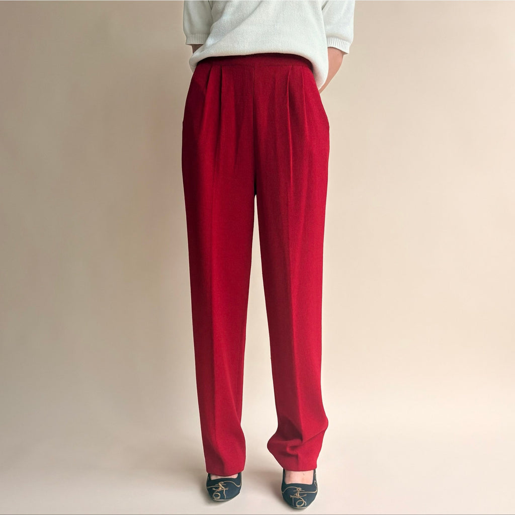 St. John Red Pleated Wide Leg Knit Pants - Elastic Waist, Size 4
