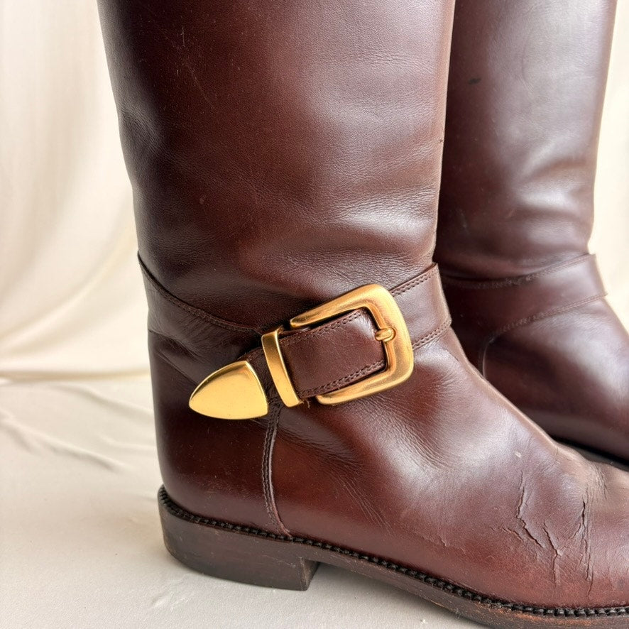 Vintage 1978 Idea Studios Brown Leather Riding Boots - Gold Buckle, 7.5
