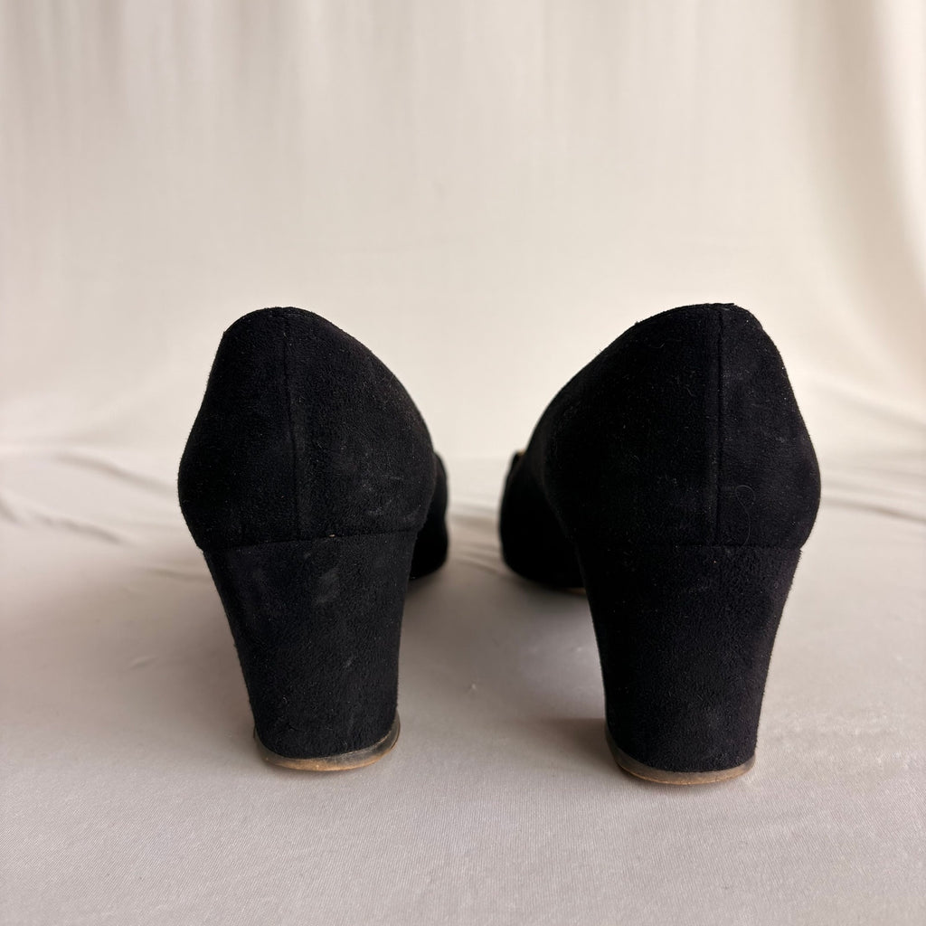 Vintage Ferragamo Black Suede Heeled Loafers - Gold Hardware, 7.5