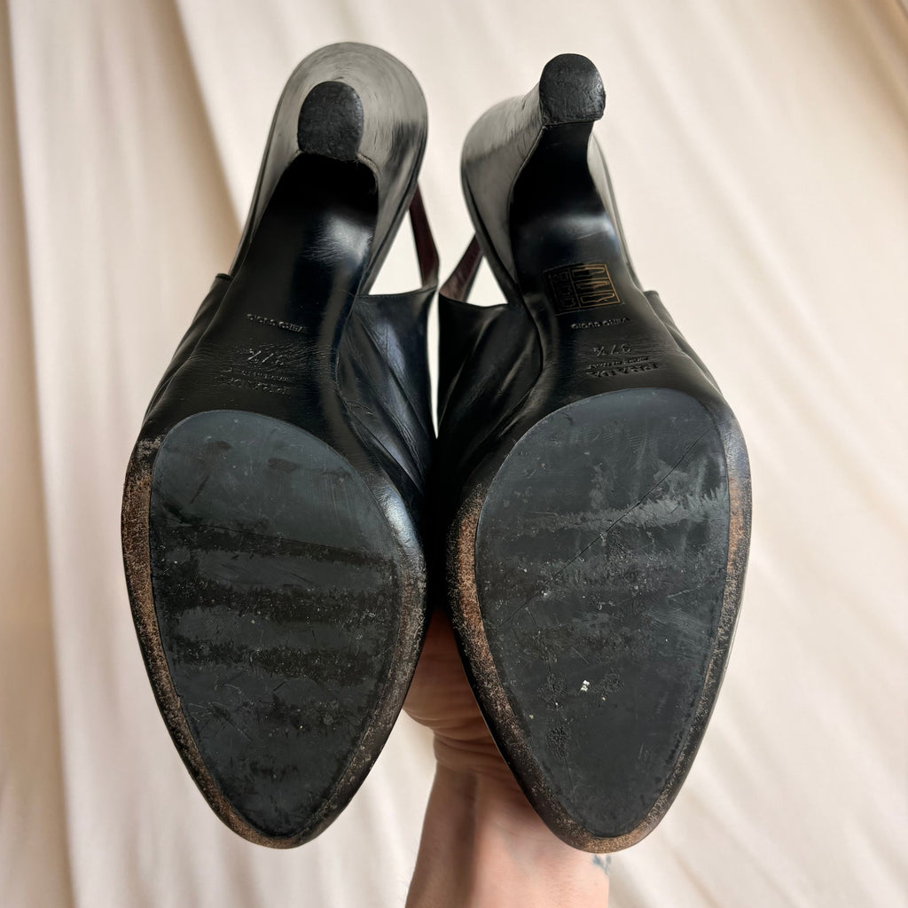 Vintage Prada Black Leather Slingback Platform Pumps - Gold Buckle, 37.5
