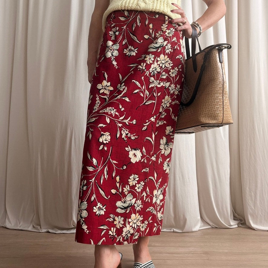 Talbots Floral Wrap Skirt - Red/Cream, Button Side - Size 12 (Fits L)