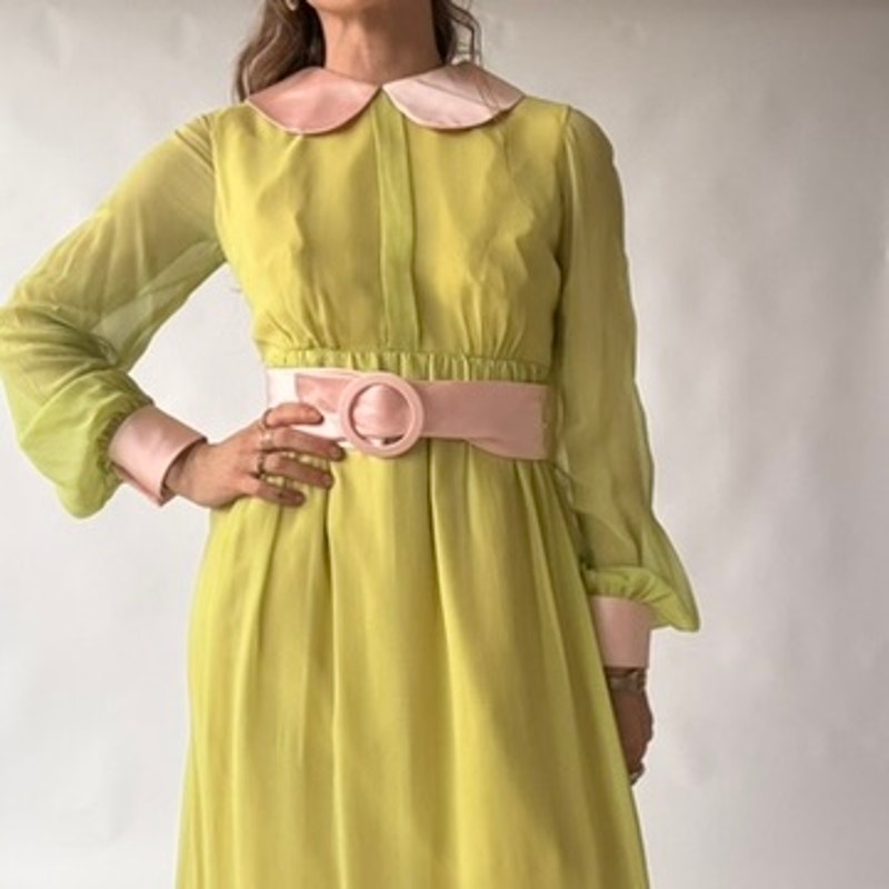 Vintage 60s/70s Chartreuse Peter Pan Collar Maxi Dress w/ Belt