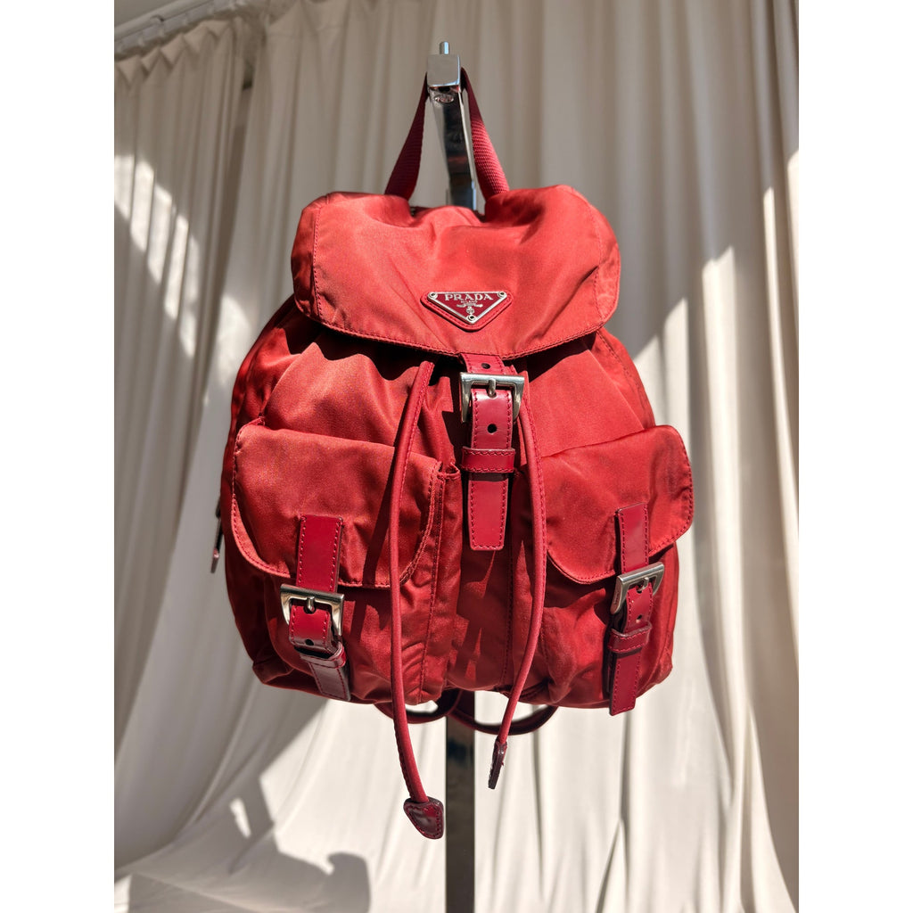 Vintage Prada Red Tessuto Vela Nylon Drawstring Backpack