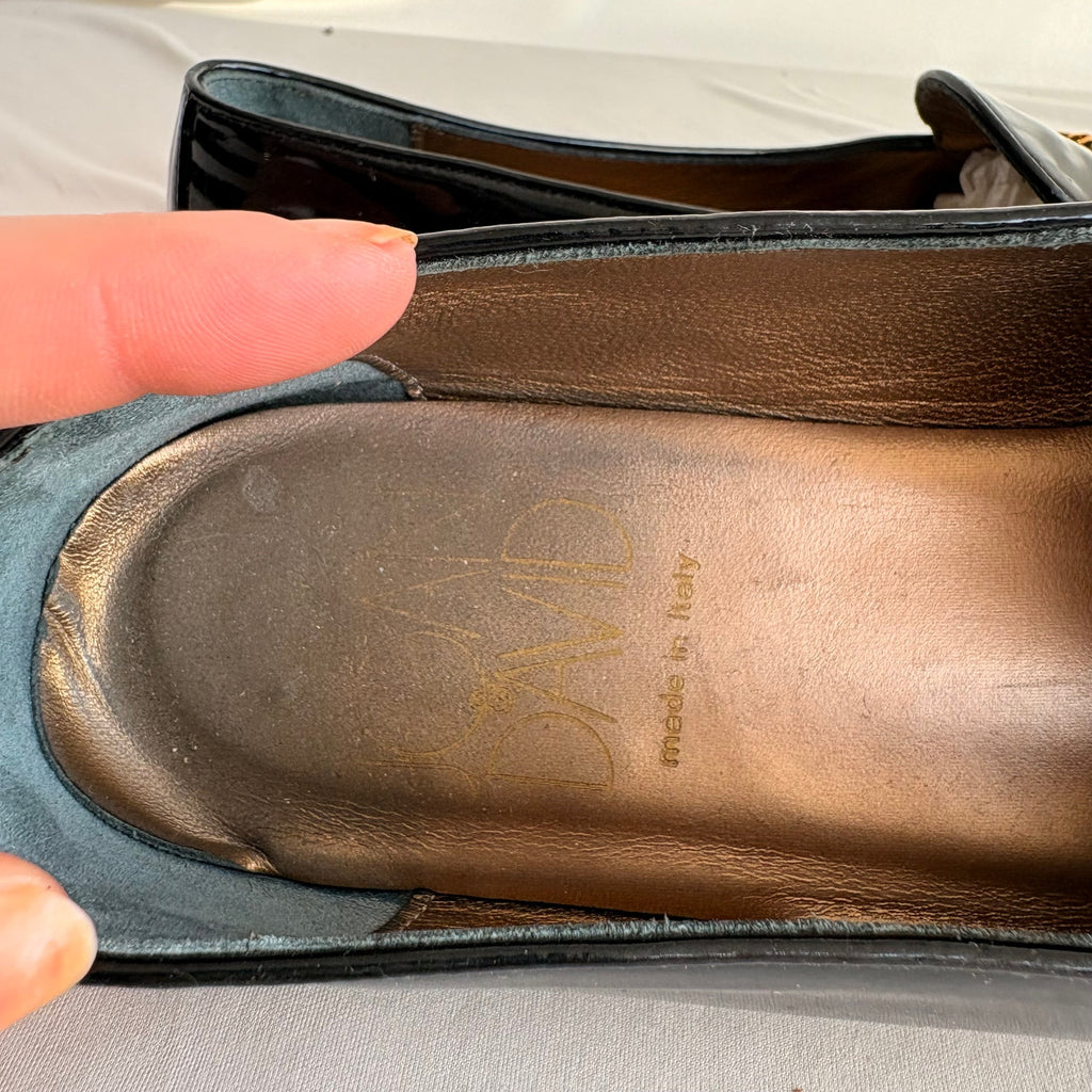 Vintage Joan & David Black Patent Leather Loafers - Gold Chain Hardware