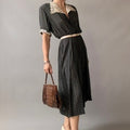 Vintage 50s Black Checkered Rayon Day Dress - Crochet Lace Collar & Cuffs